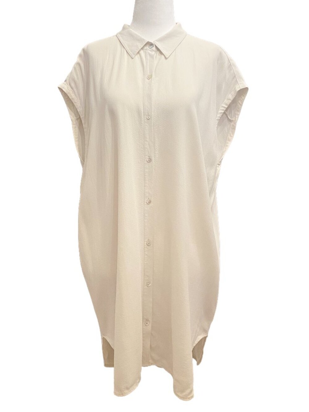 EILEEN FISHER 100% Silk Cream Cap Sleeve Button Front Shirt Dress Large Luxe